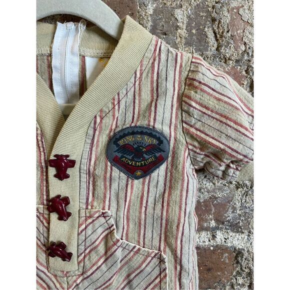 Tiny Tots Original Tan/Maroon Striped Romper with Airplane Aircraft Toggle Butto - Picture 2 of 11